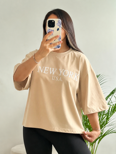 تیشرت باکسی new york فری سایز رنگ کرم