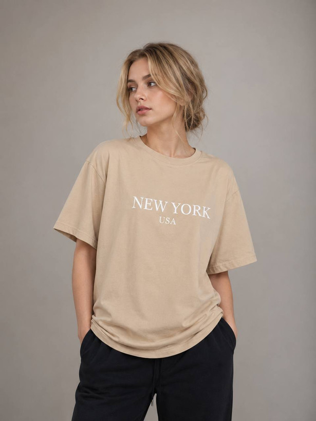 تیشرت باکسی new york فری سایز رنگ کرم